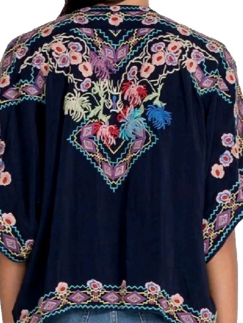 Johnny Was Blouse Women Blue Sz S Tuscany Night Embroidered Oversized Button-Up - Picture 2 of 12